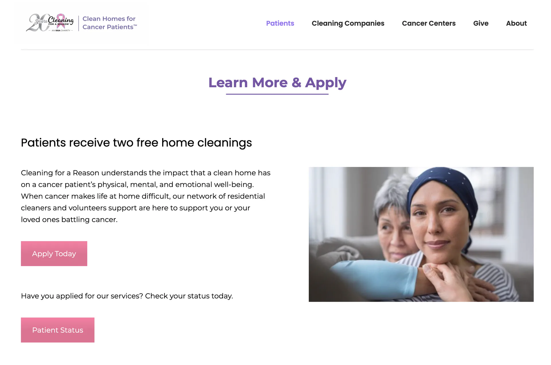 Cleaning for a Reason patient application page showing free home cleaning support for cancer patients