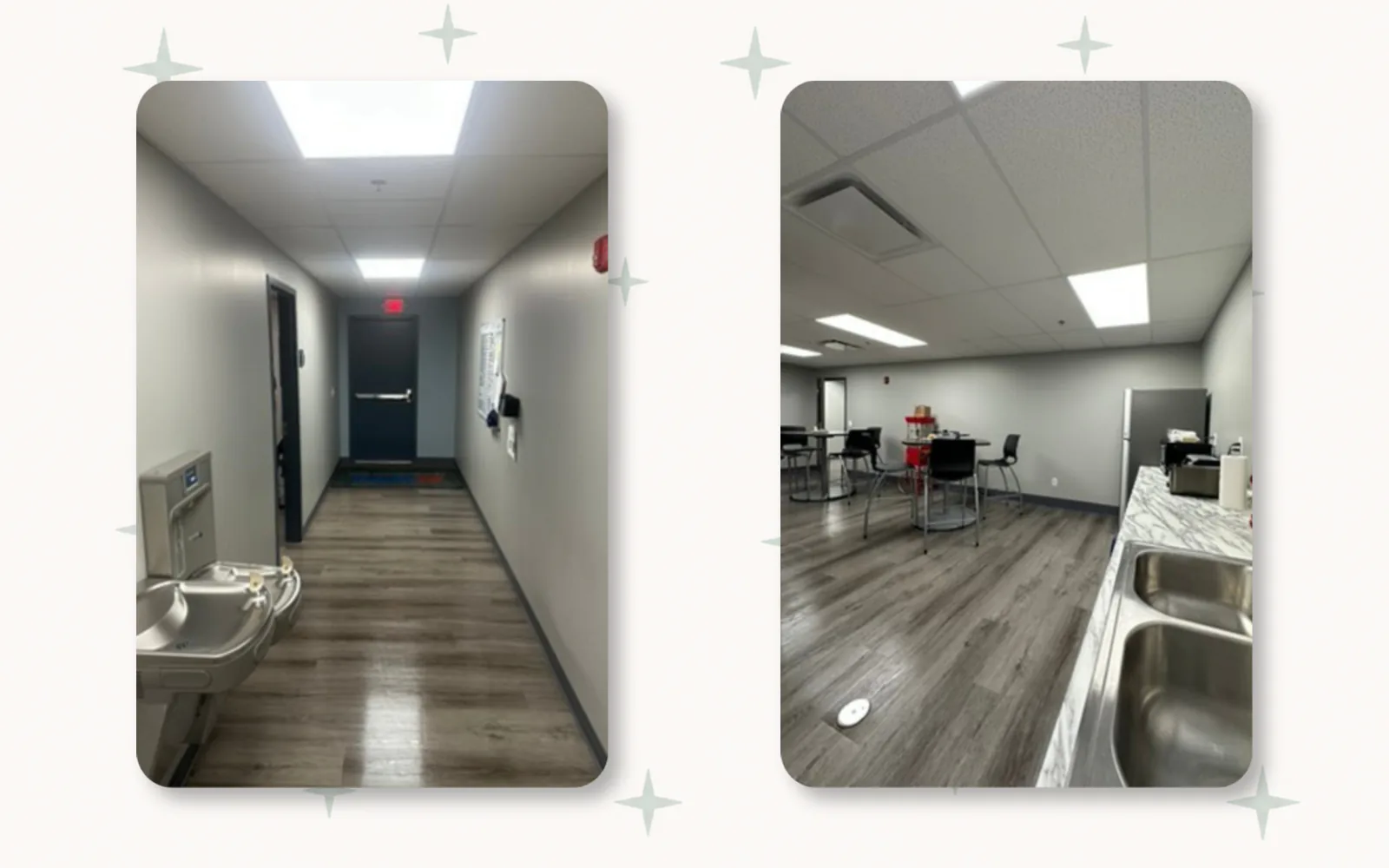 Clean commercial hallway and breakroom space